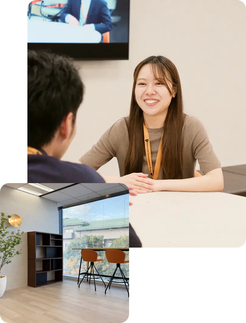 スタッフの面談の様子とオフィス風景